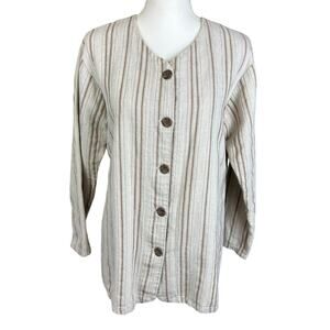 M.E.C. Apparel Linen Tunic Women Size Medium Tan Beige Stripes Button Up Top